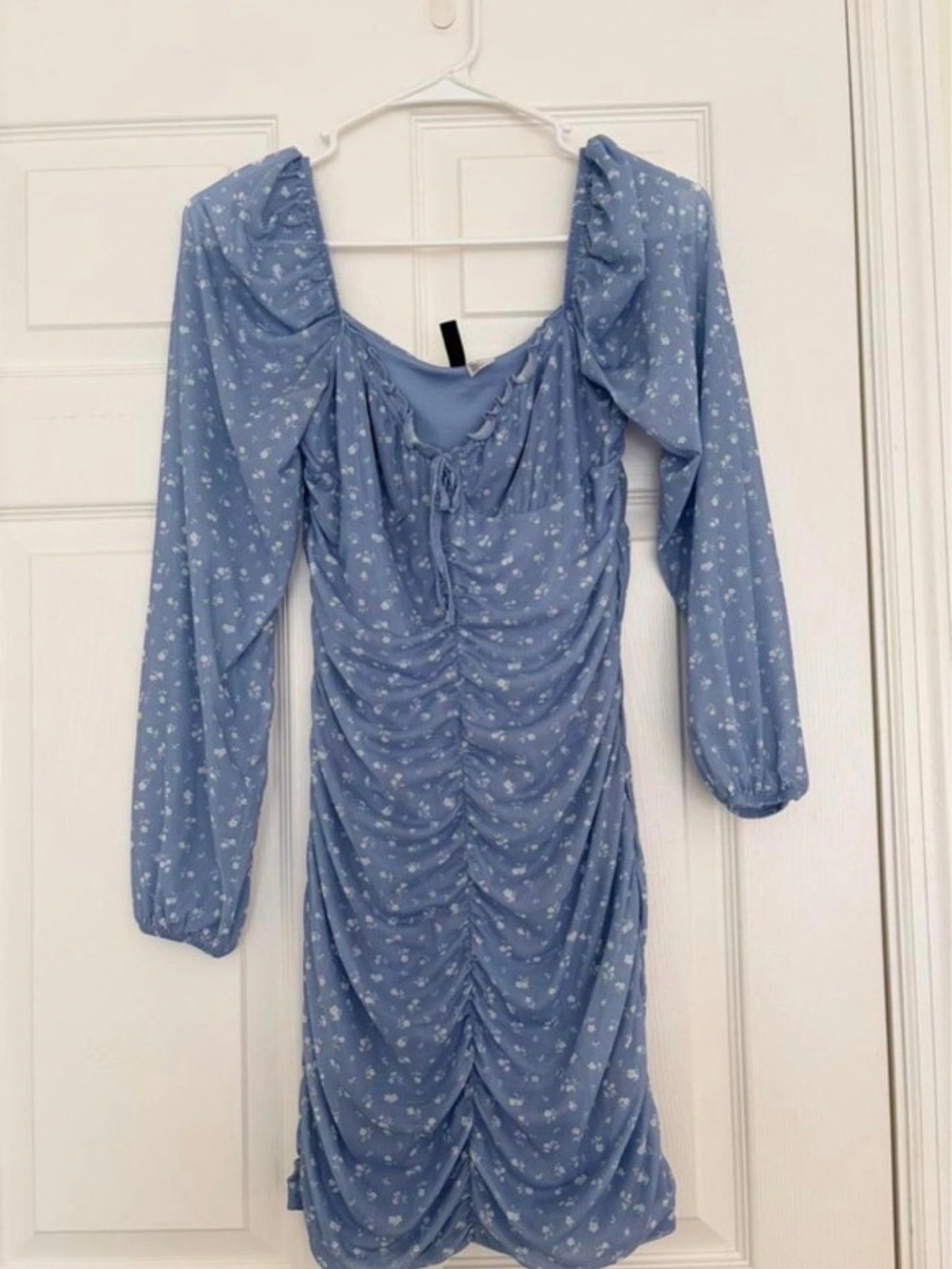 H&M Light Blue Floral Ruched Long-Sleeve Dress